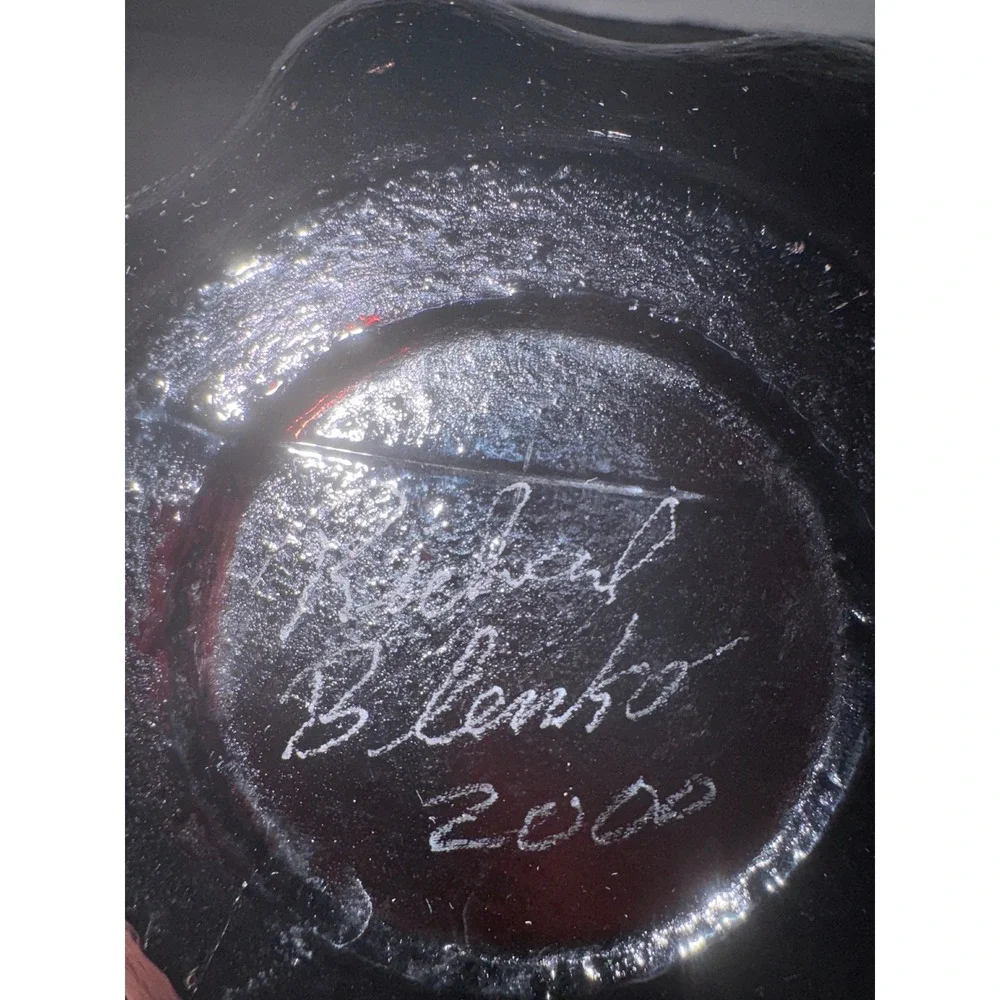 Blenko Amethyst Purple Scalloped Glass Bowl Signed Richard Blenko 2000 USA